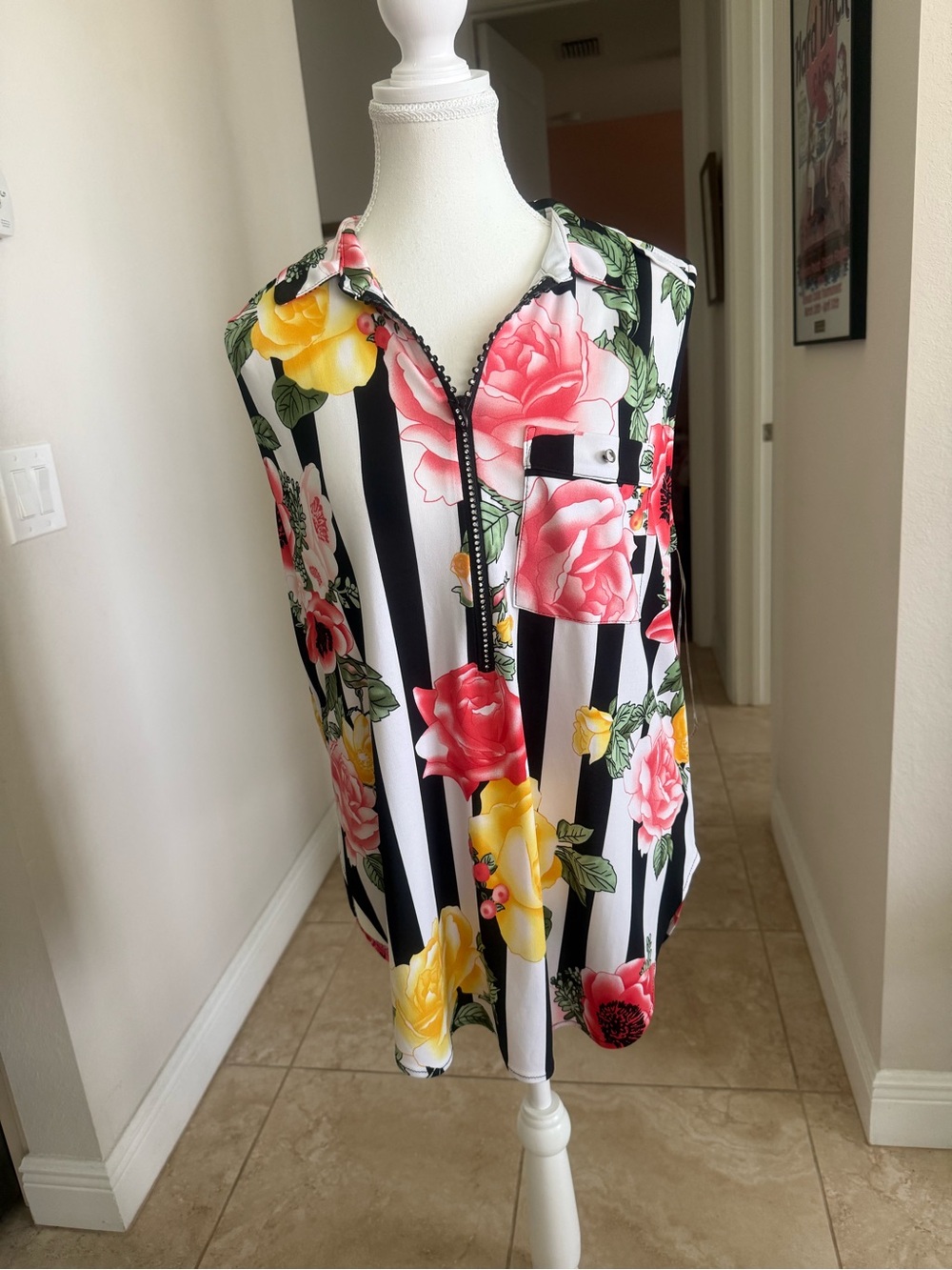 Frank Lyman Sleeveless Floral Stripe Zip-Front Top